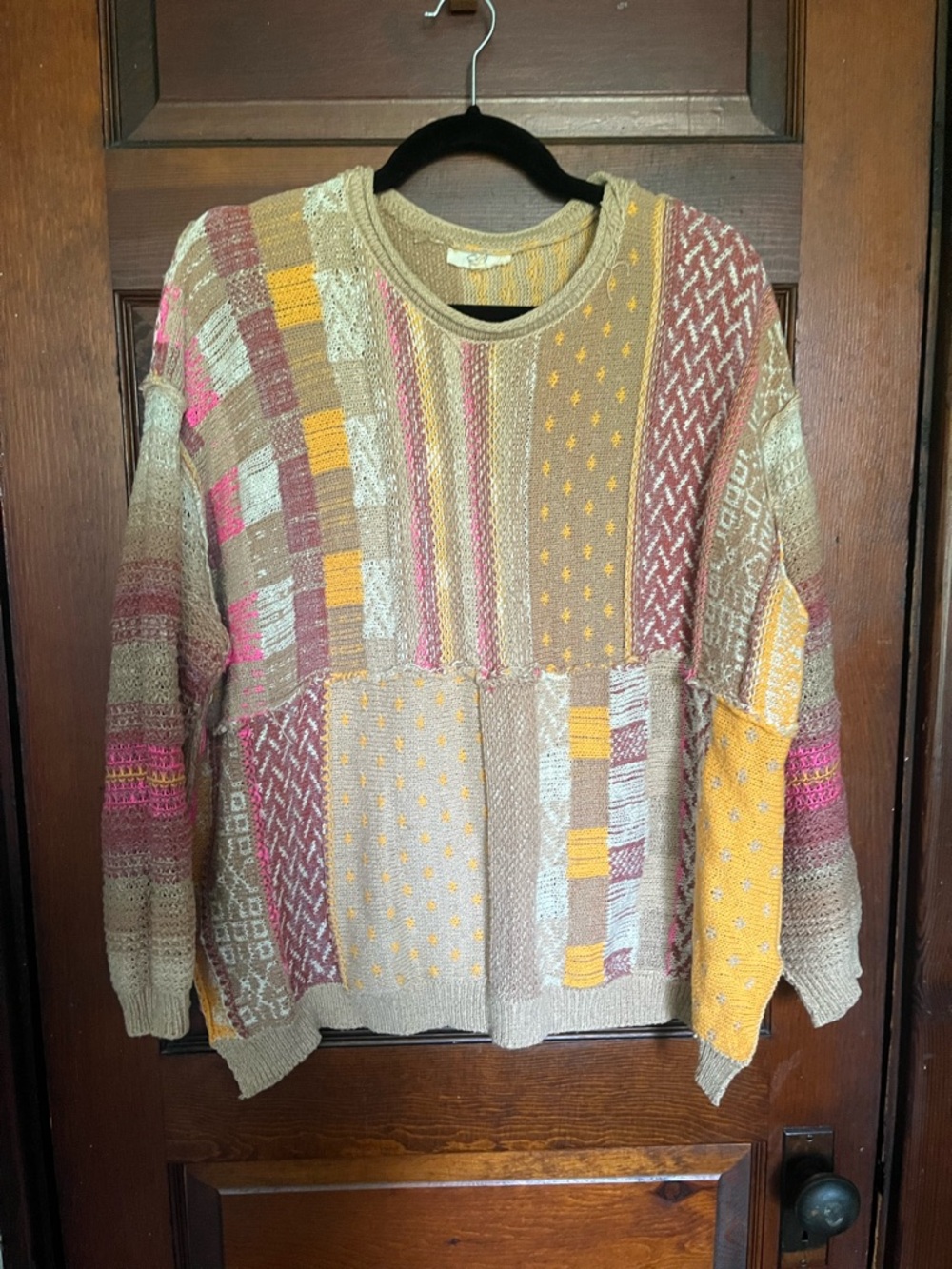 Easel Multicolor Patchwork Knit Sweater in Beige, Pink & Yellow